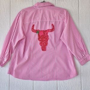 Coral Bay Button Up Shirt L Pink‎ Floral Bull Skull Embroidered Western Cowgirl